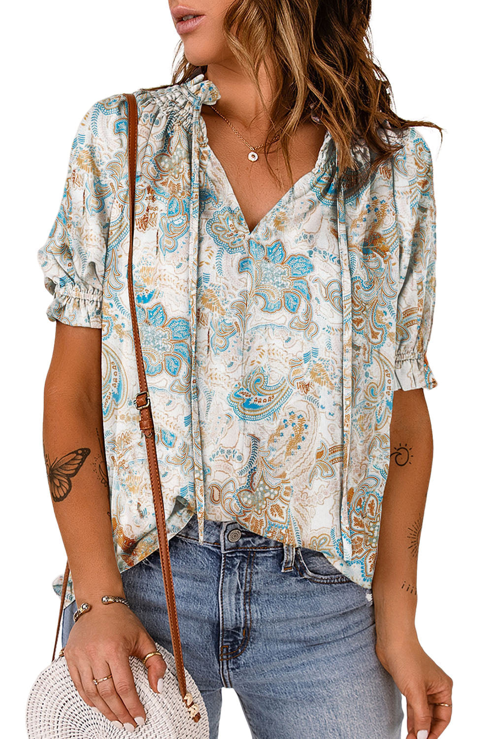 Multicolor Paisley Print Wide Sleeves Loose Blouse