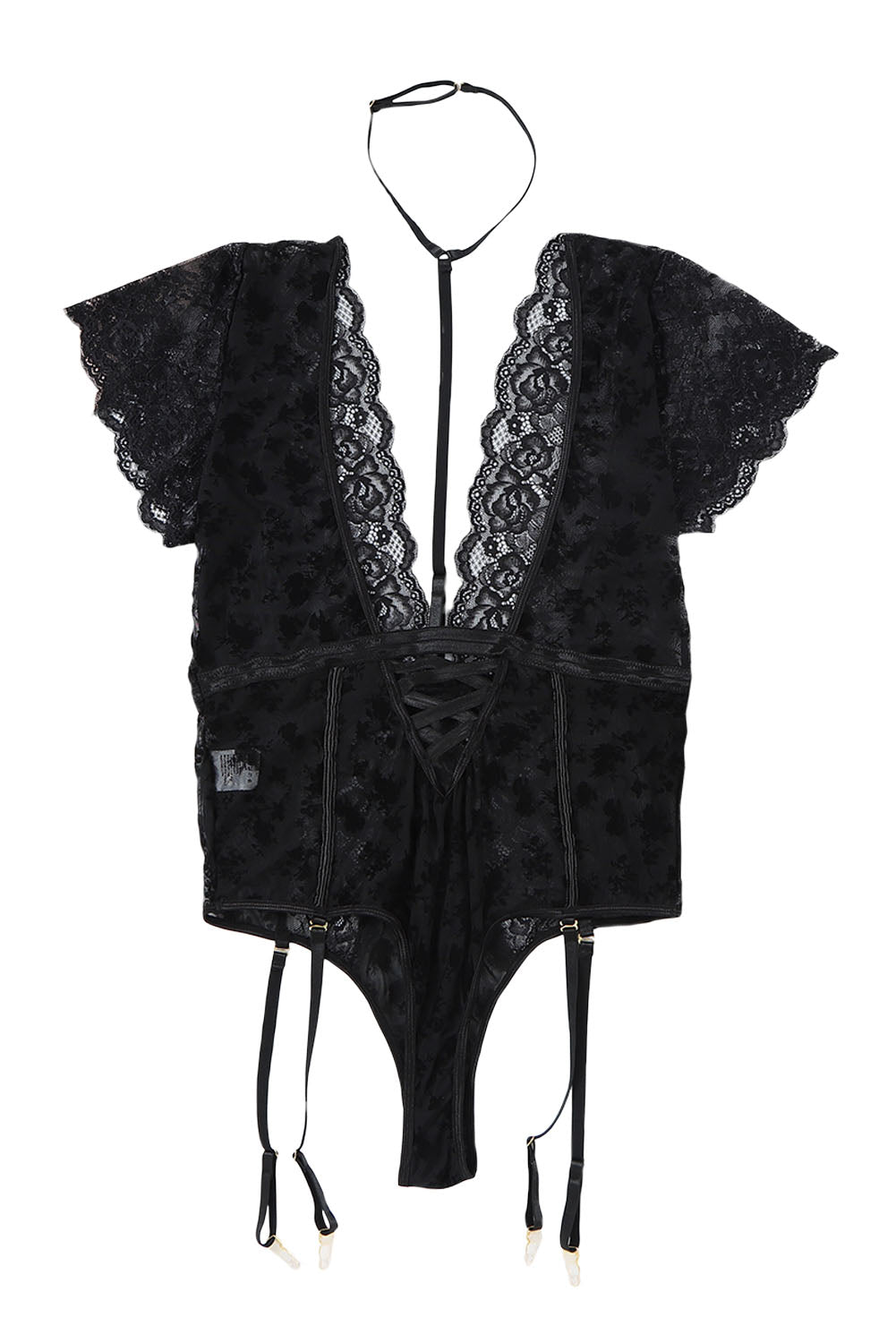 Black Plus Size Strappy Floral Lace Mesh Teddy Lingerie