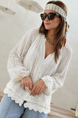 Bright White Delicate Hollowed V Neck Lace Hem Shirt