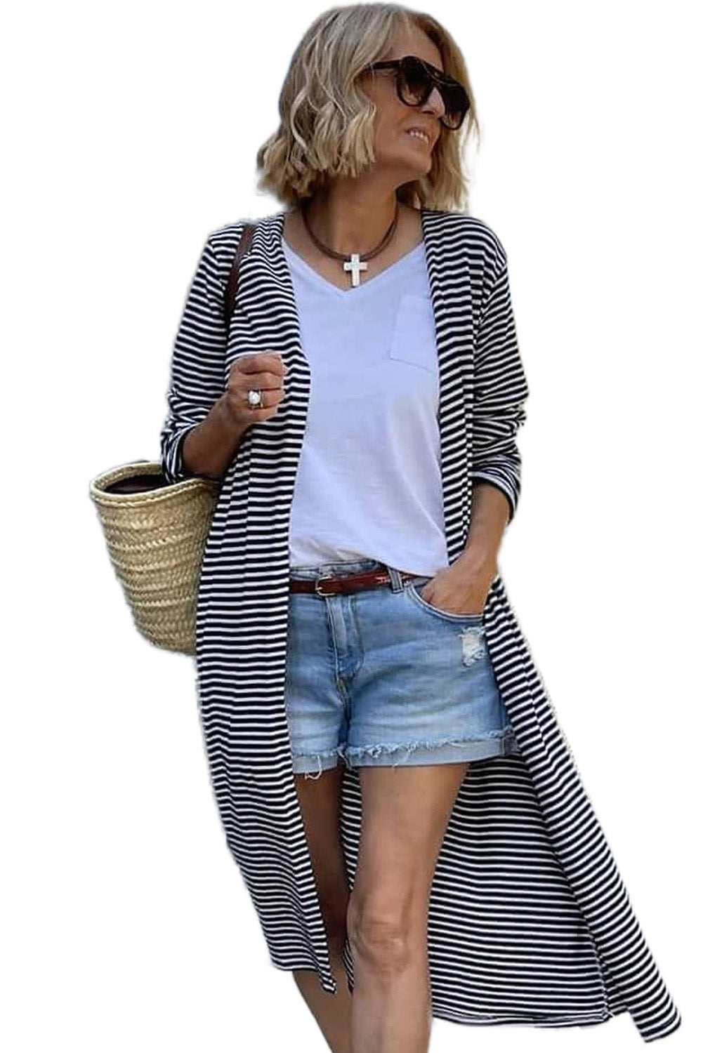 Stripe Open Front Long Cardigan