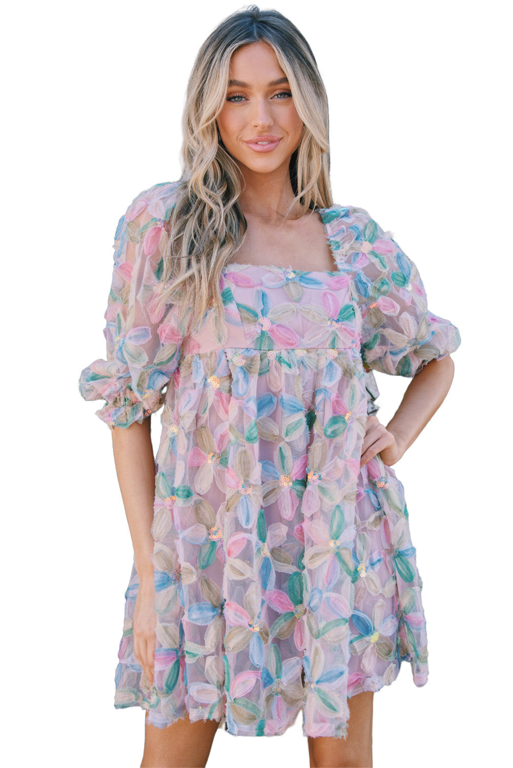 Multicolor Babydoll Sequin Floral Dress