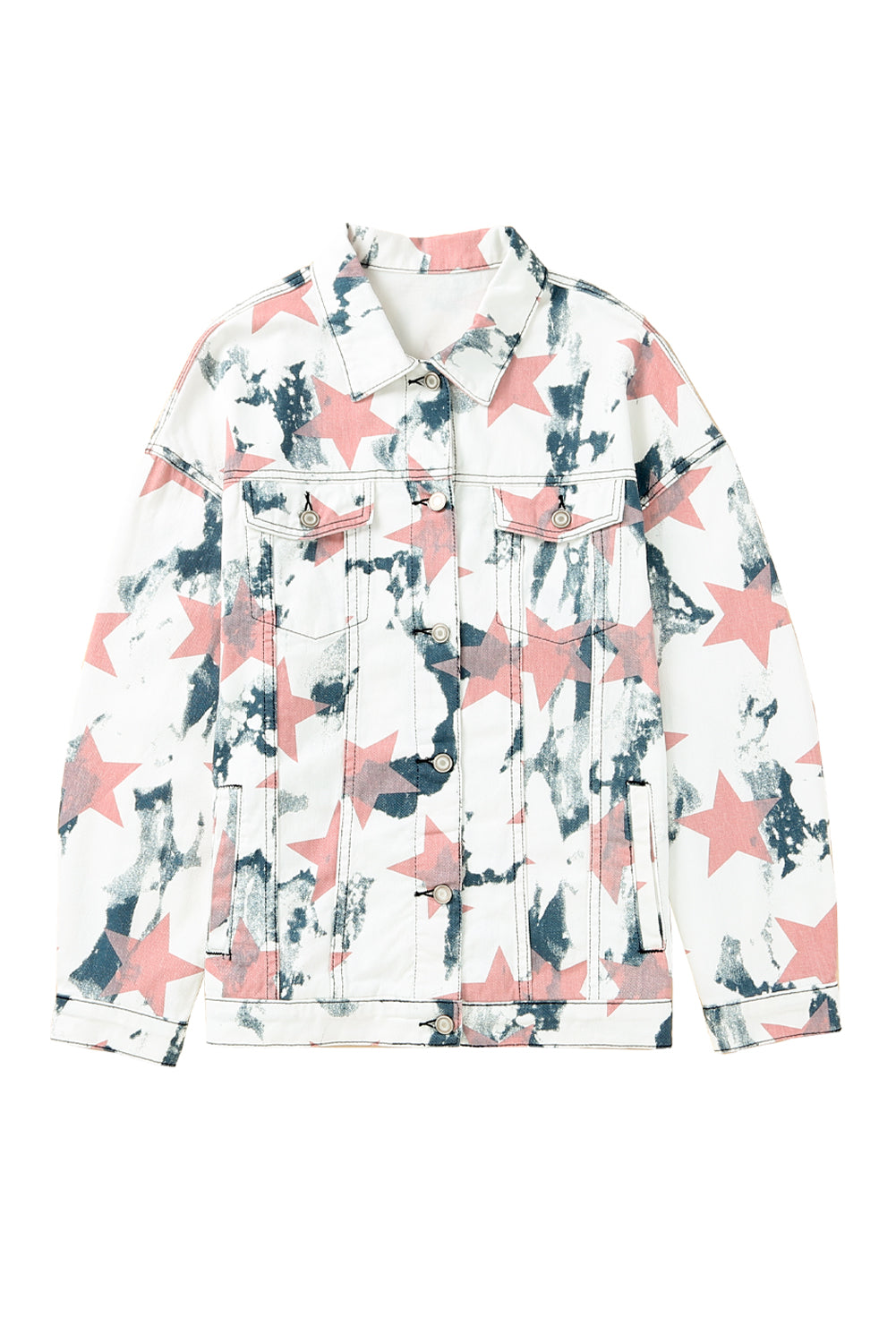 White Stars Tie Dye Print Buttoned Denim Jacket