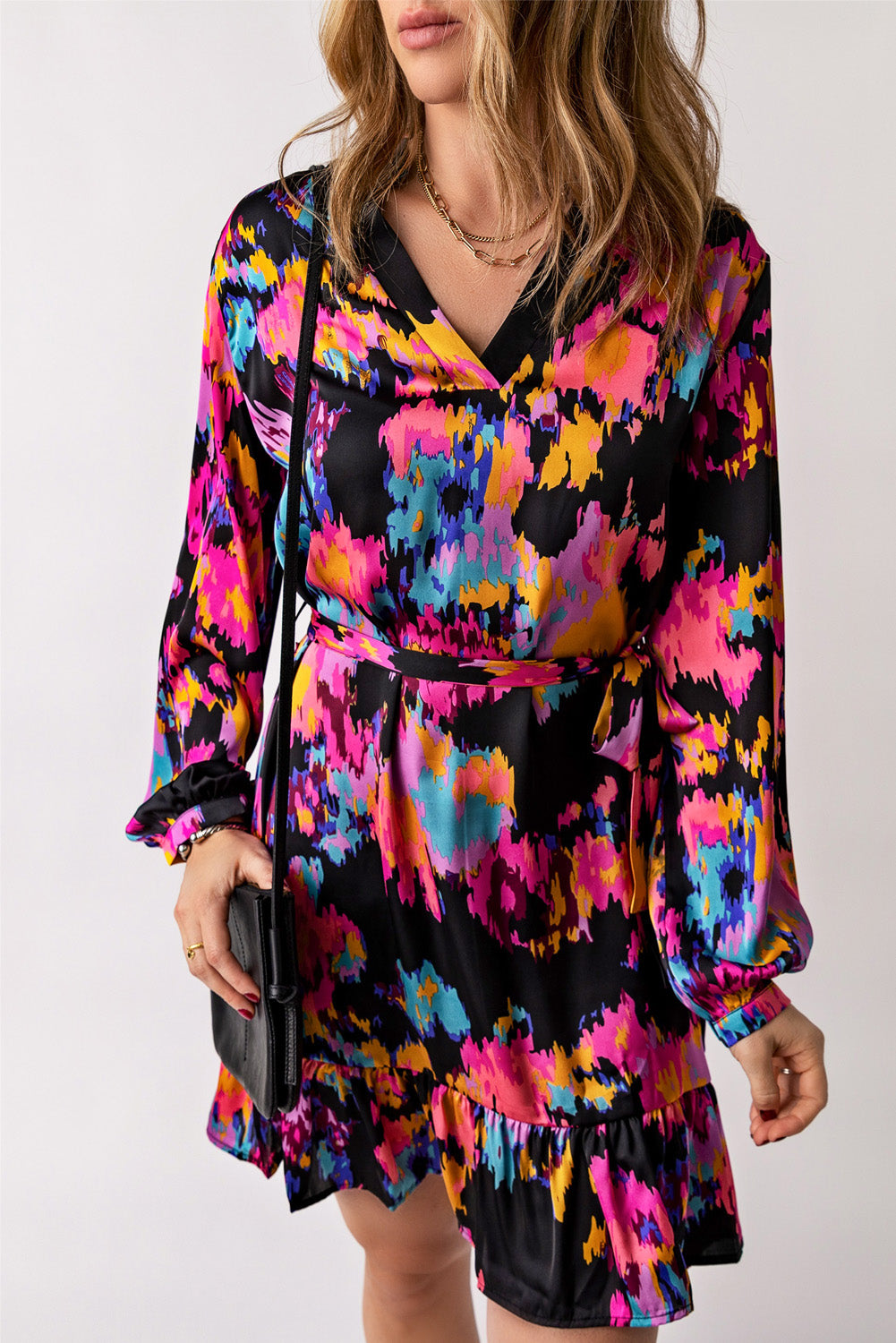 Green Abstract Print Ruffled Drawstring High Waist Mini Dress
