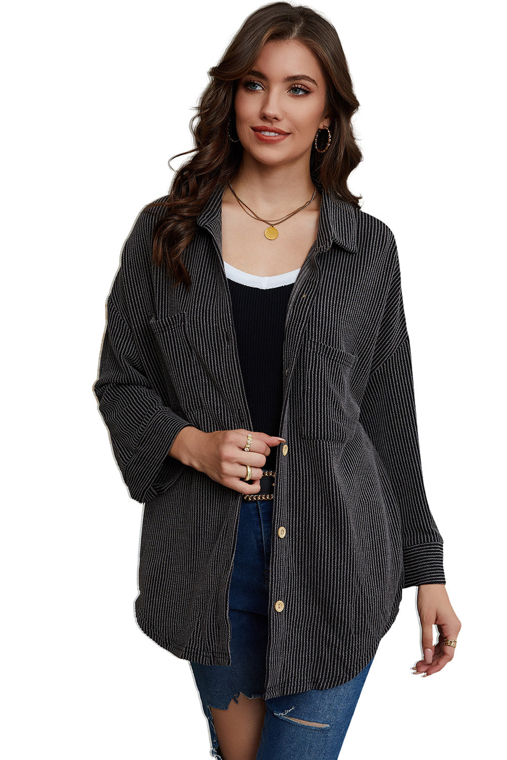 Sky Blue Roll Tab Sleeve Ribbed Cording Shacket