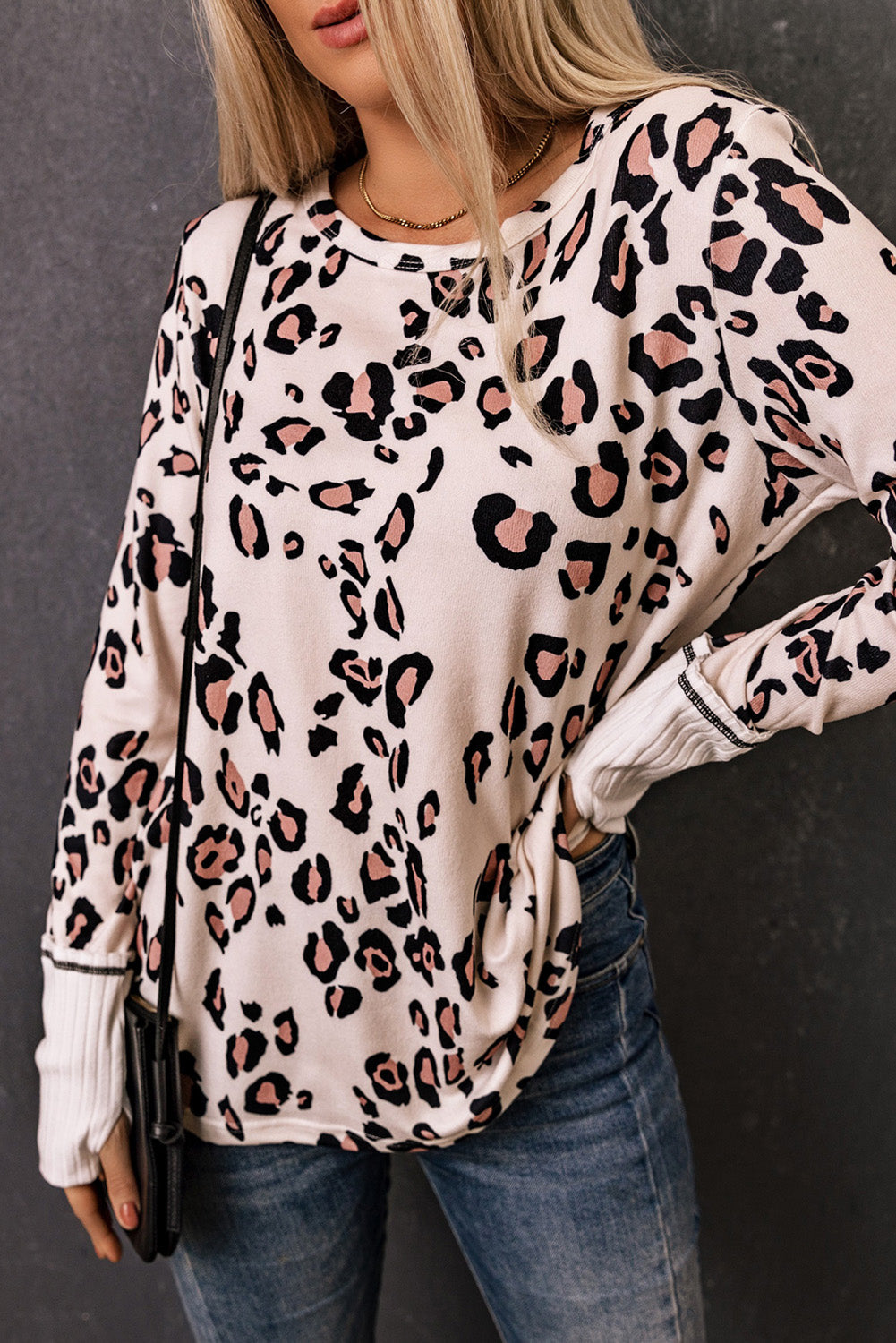 Leopard Print Long Sleeve Top with Contrast Cuffs