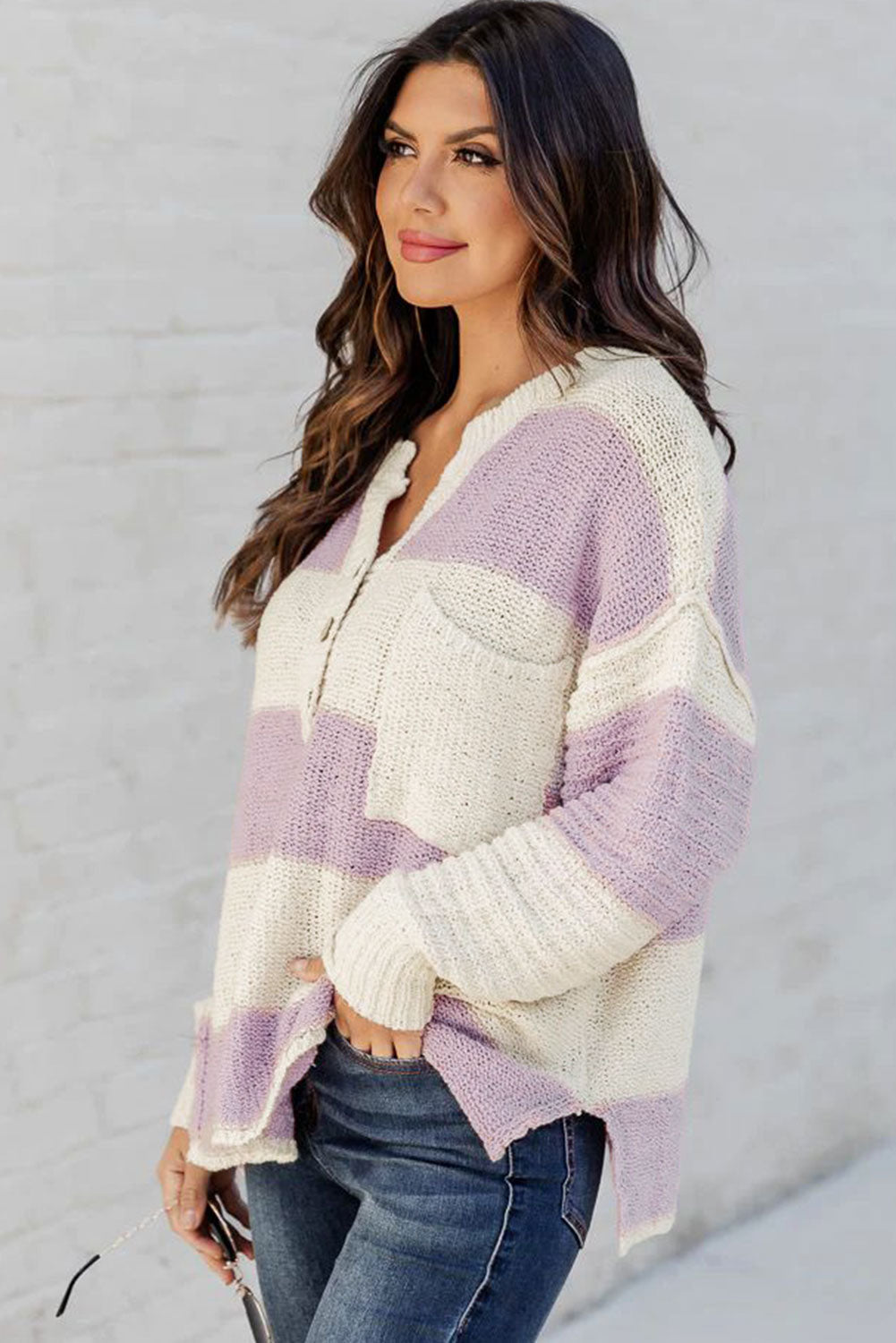 Pink Striped Knit Button Ribbed Split Neck Sweater