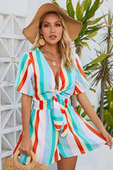 Multicolor Stripe Print Tie V Neck Flowy Romper