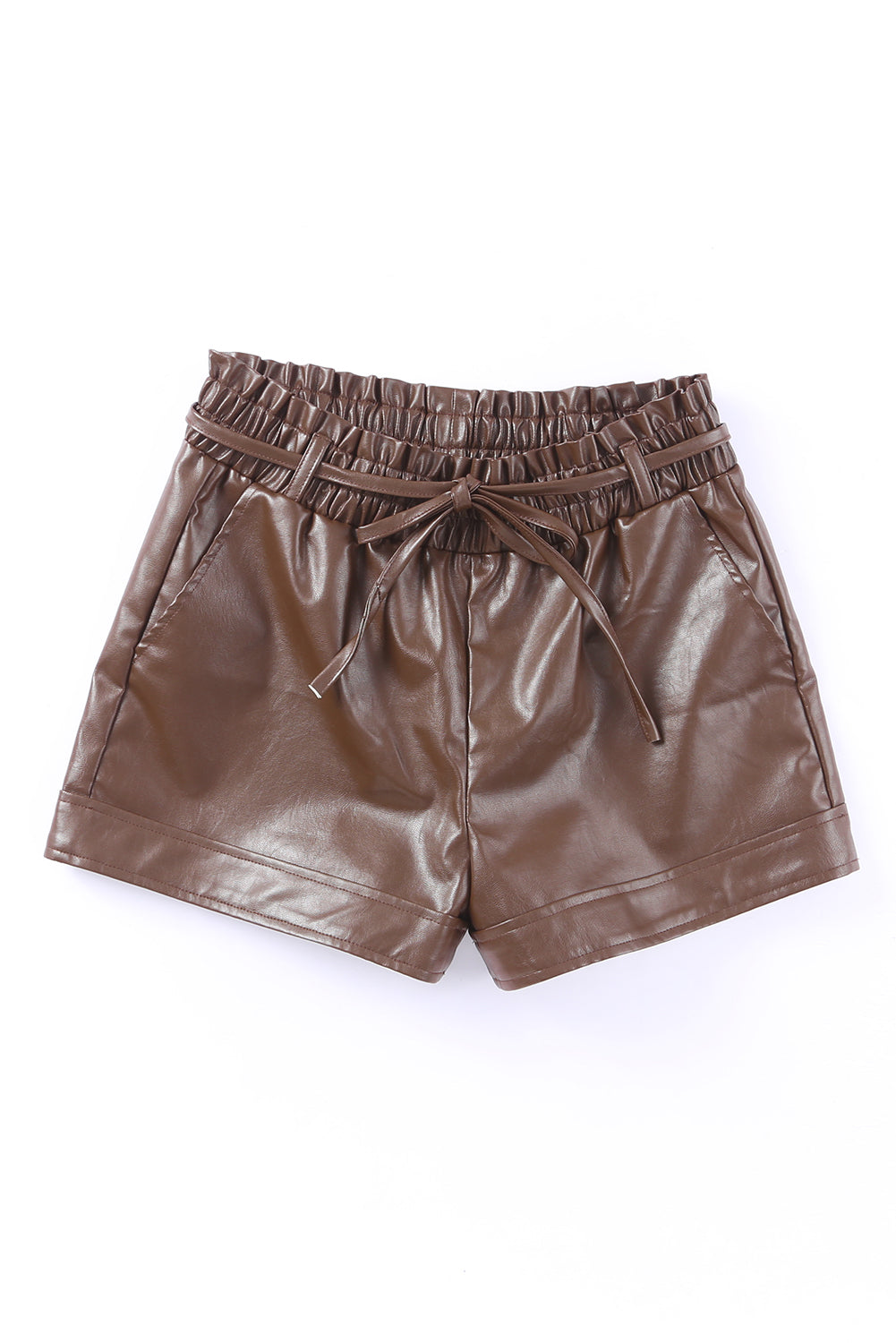 Brown PU Leather Belted High Waist Shorts