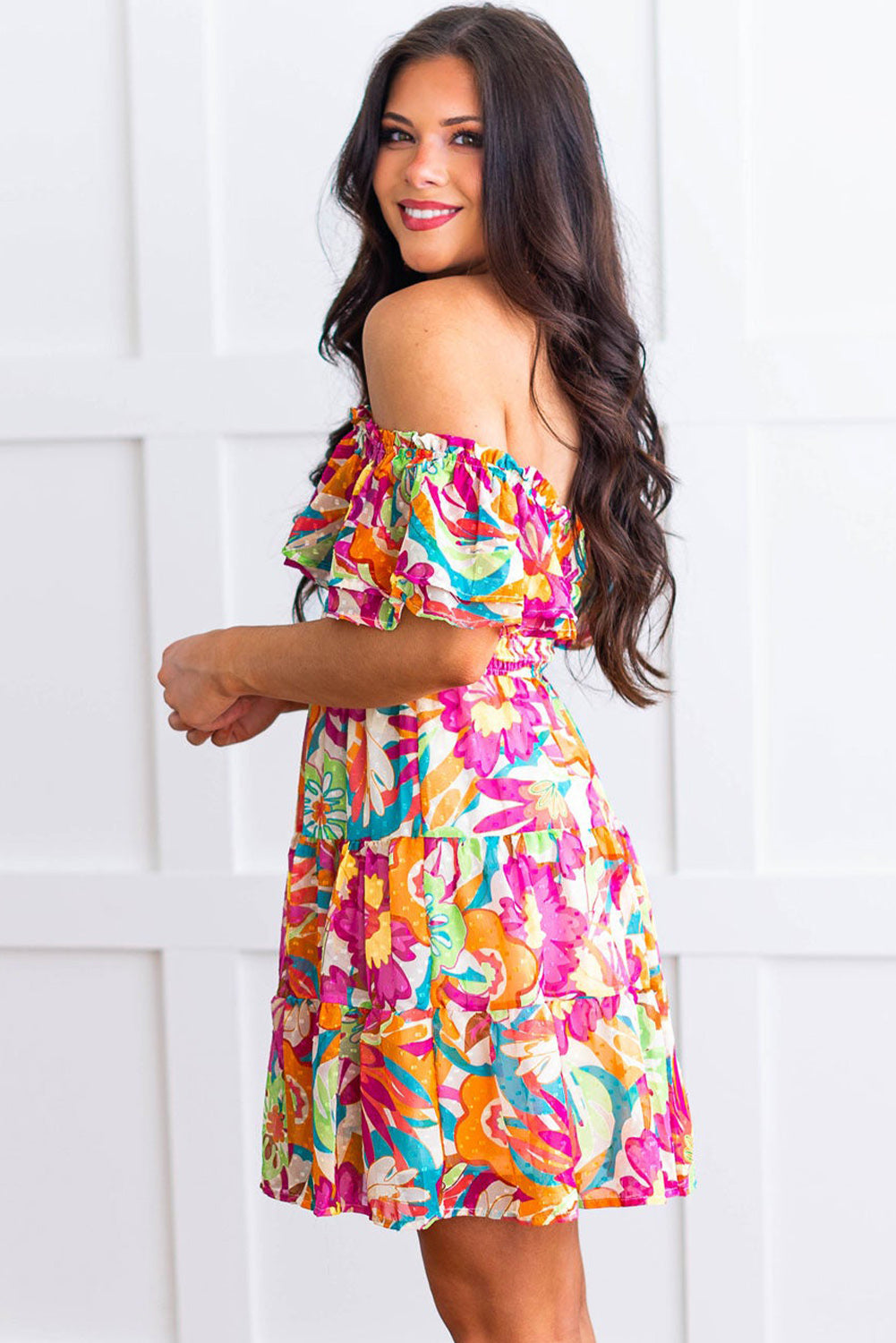 Multicolor Boho Off-shoulder Smocked Tiered Floral Dress