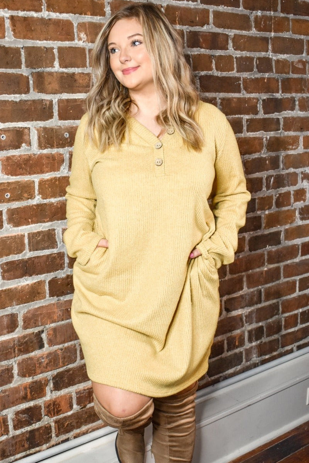 Yellow Plus Size Ribbed Long Sleeve Pocketed Henley Dress