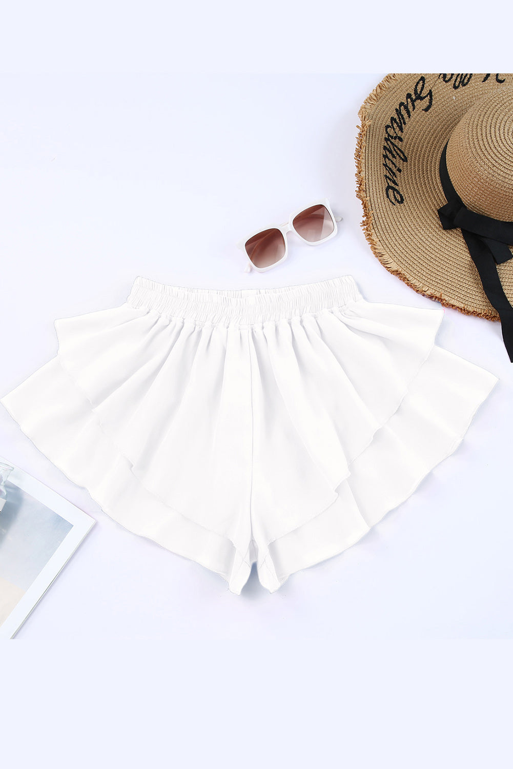 White Ruffle Tiered Skirt Overlay Shorts