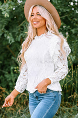 White Mock Neck Ruffled Long Sleeve Lace Top