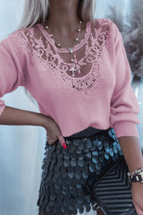 Pink Lace Splicing Knitted Sweater