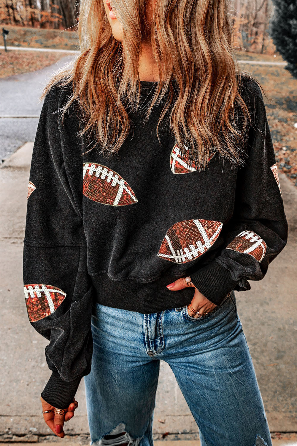 Red Sequined Rugby Graphic Drop Shoulder Sweatshirt