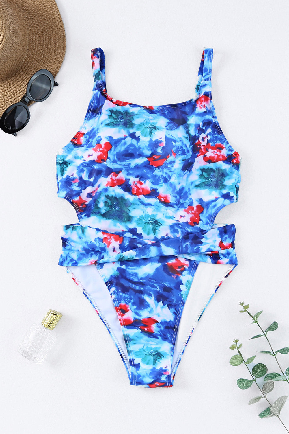 Sky Blue Tie Dye Floral One Piece Swimsuit