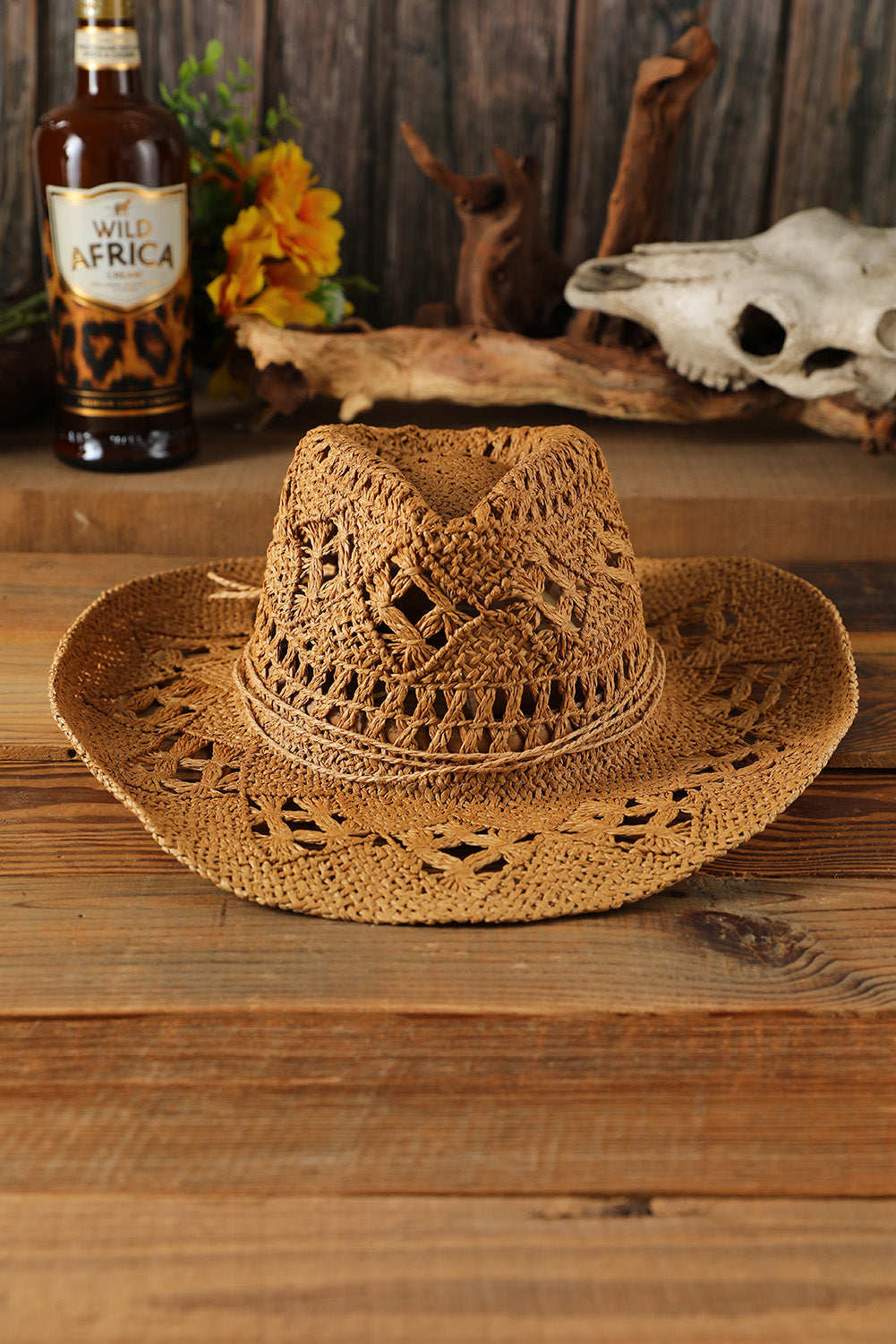 Khaki Hollow-out Straw Cowboy Hat