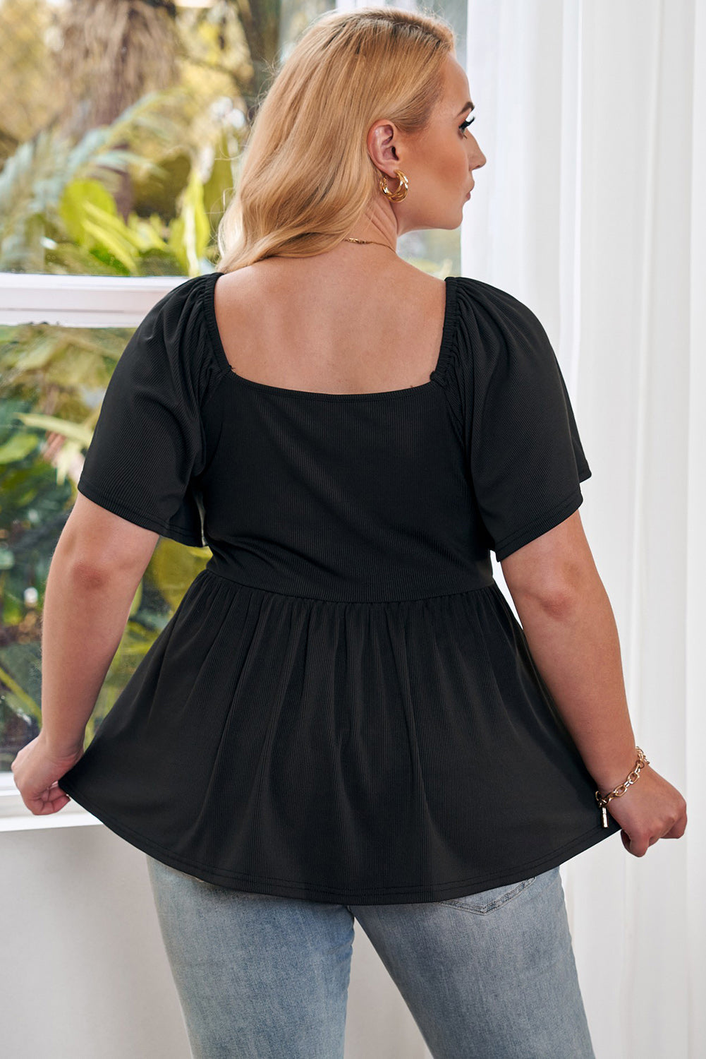 Black Plus Size Ruched Front Babydoll Top