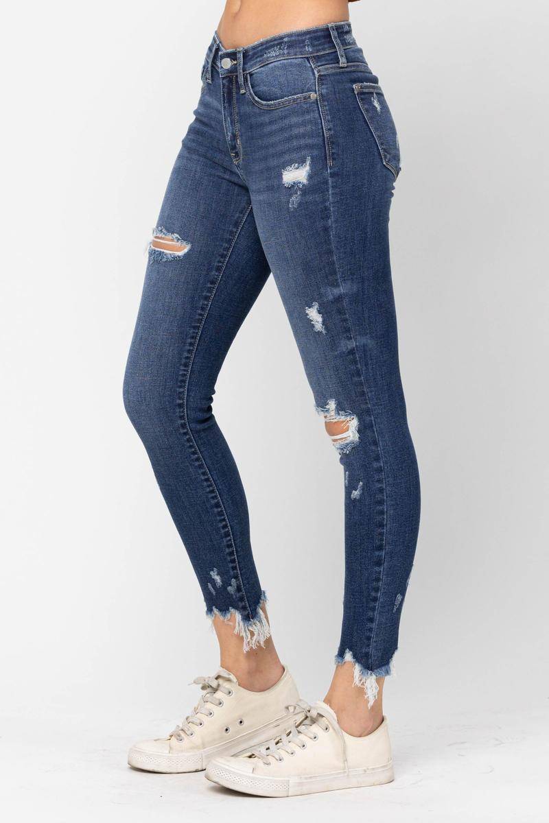 Mid-Rise Raw Hem Destroyed Skinny Jeans