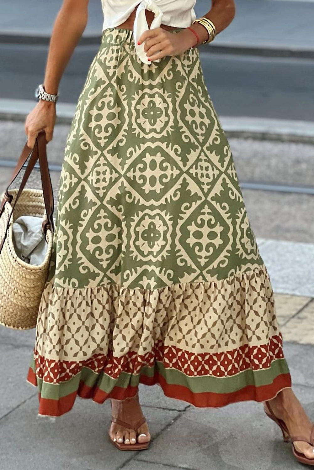 Green Boho Patchwork Pattern A-line Maxi Skirt