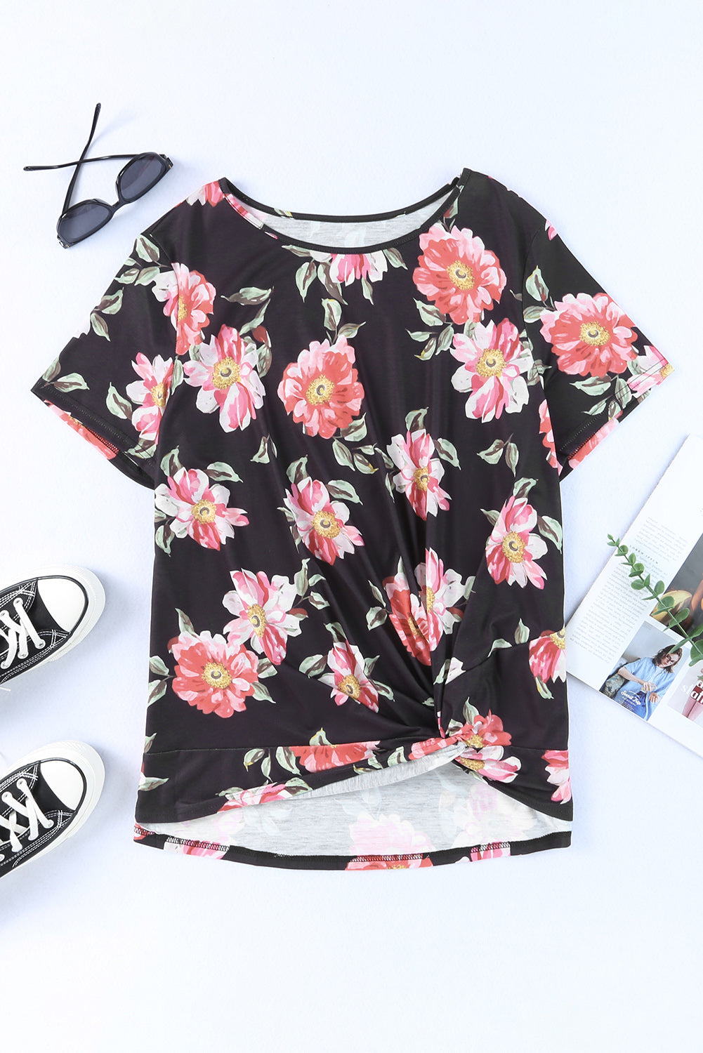 Black Plus Size Floral Print Twist Knot Top