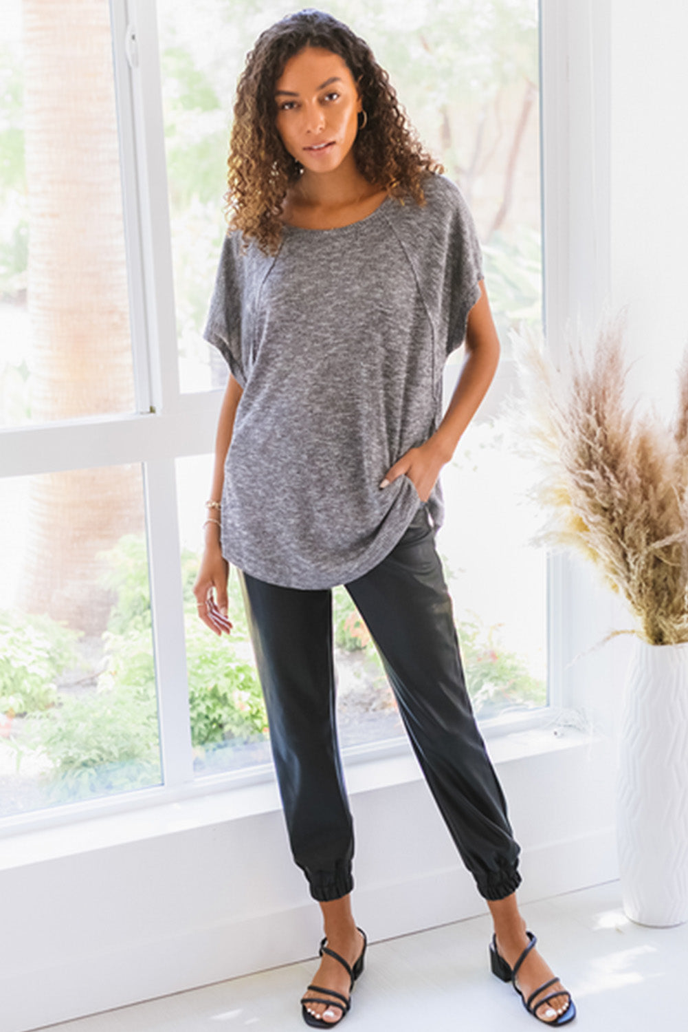 Gray Loose Slouchy Knitted Raglan Sleeves T-shirt