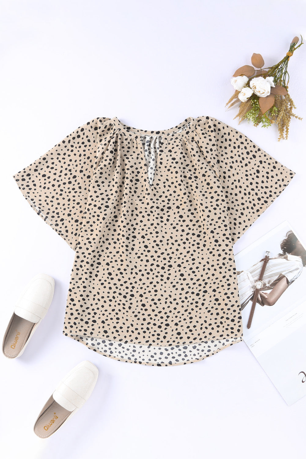 Leopard Notch V Neck Wide Sleeve Blouse