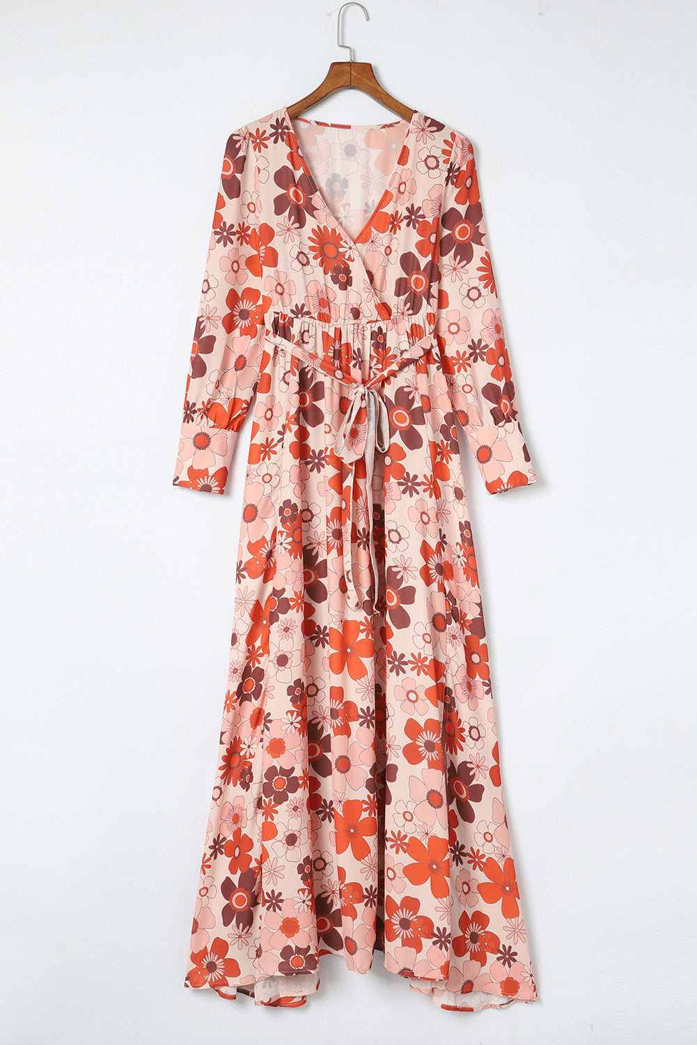 Orange Floral V-Neck Long Sleeve Belted Maxi Dress