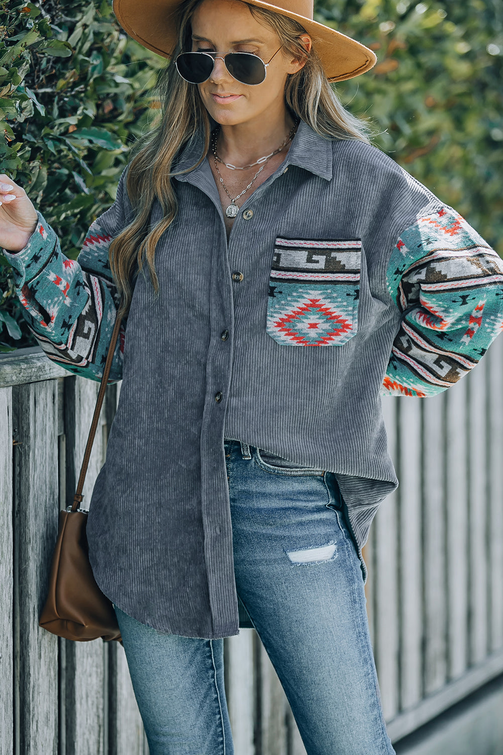 Gray  Aztec Pattern Sleeve Pocketed Corduroy Shacket