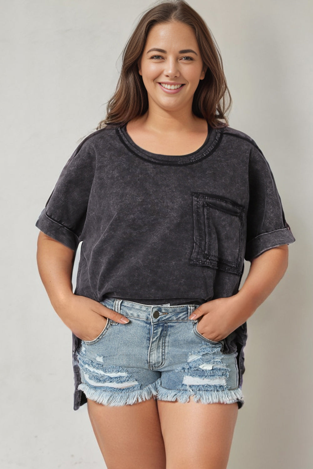 Gray Mineral Wash Distressed Slit Patch Pocket Oversize Tee