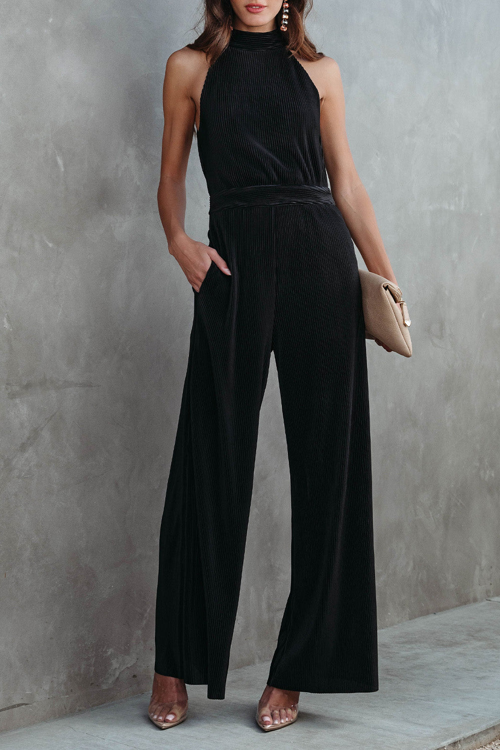 Black Button Halter Neck Keyhole Back Ribbed Jumpsuit