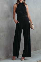 Black Button Halter Neck Keyhole Back Ribbed Jumpsuit