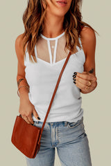 White Strappy Mesh Splicing Ribbed Tank Top