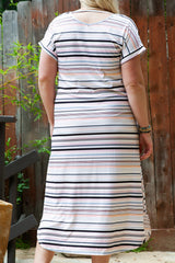 White Striped Print V Neck Side Split Plus Size Dress