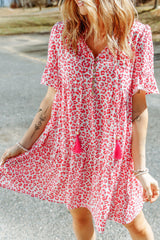 Pink Flutter Sleeve Leopard Short Dress