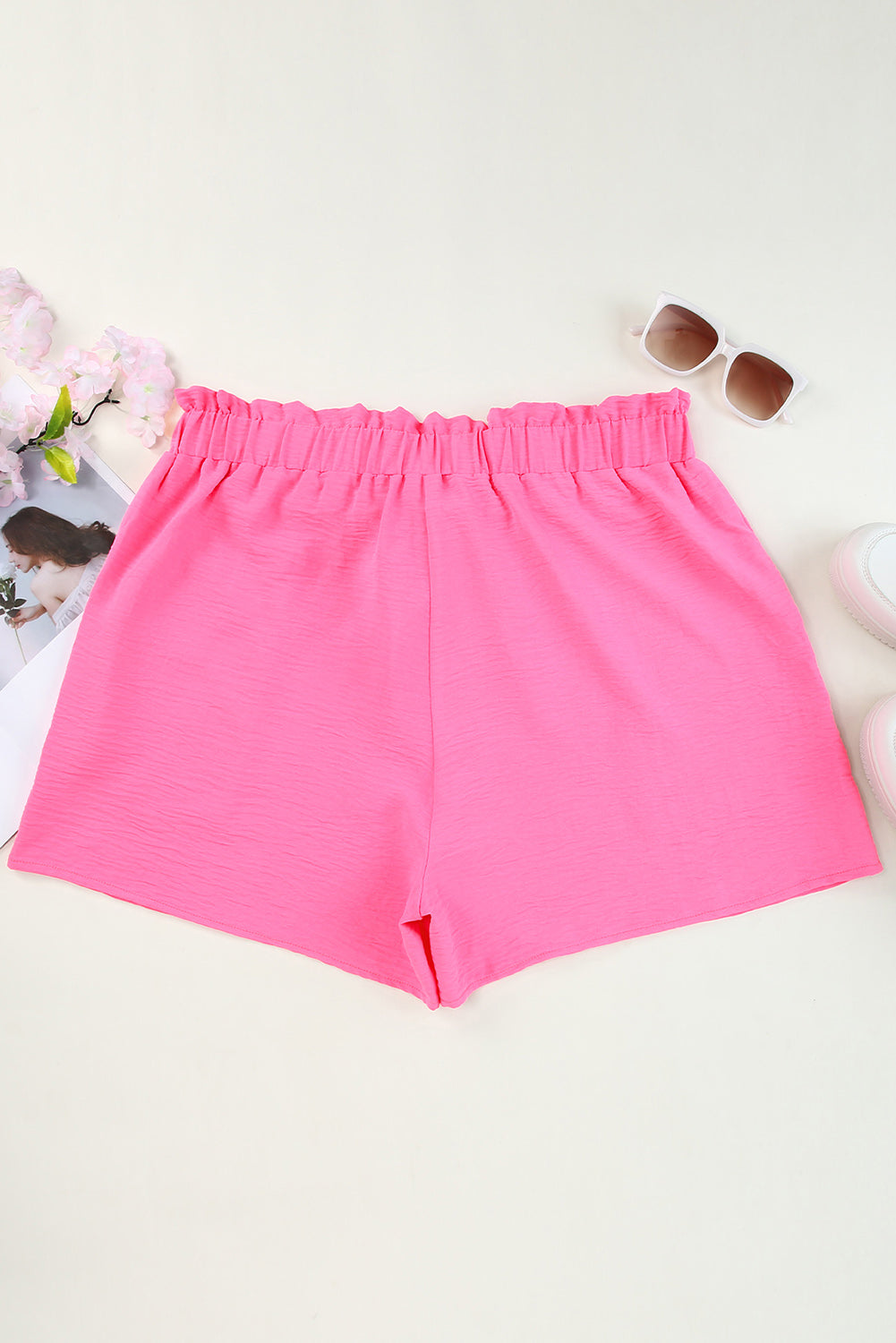 Rose Paperbag High Waist Textured Plus Size Casual Shorts