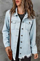 Sky Blue Light Wash Pocketed Distressed Denim Jackets