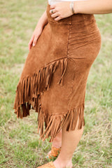 Brown Fringe Asymmetric Wrap Suede Midi Skirt