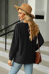 Black Pleated V Neck Jacquard Long Sleeve Top