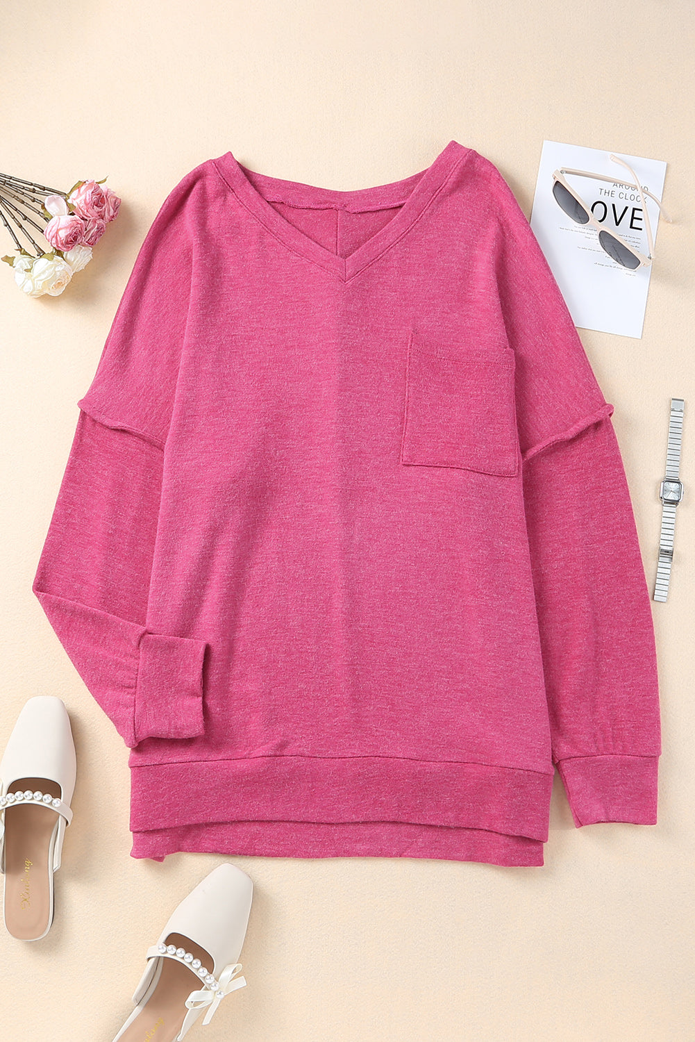 Rose Plus Size Chest Pocket Drop Shoulder Top