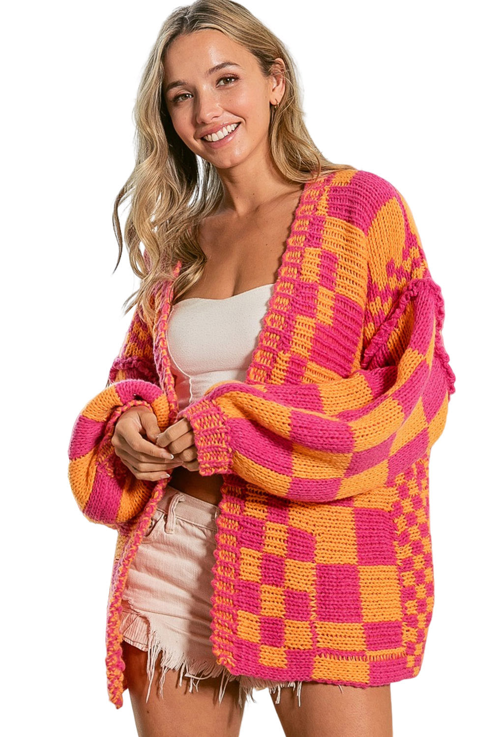 Multicolor Open Front Mixed Checkered Pattern Knit Cardigan