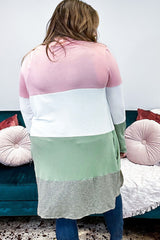 Pink Plus Size Colorblock Open Front Cardigan