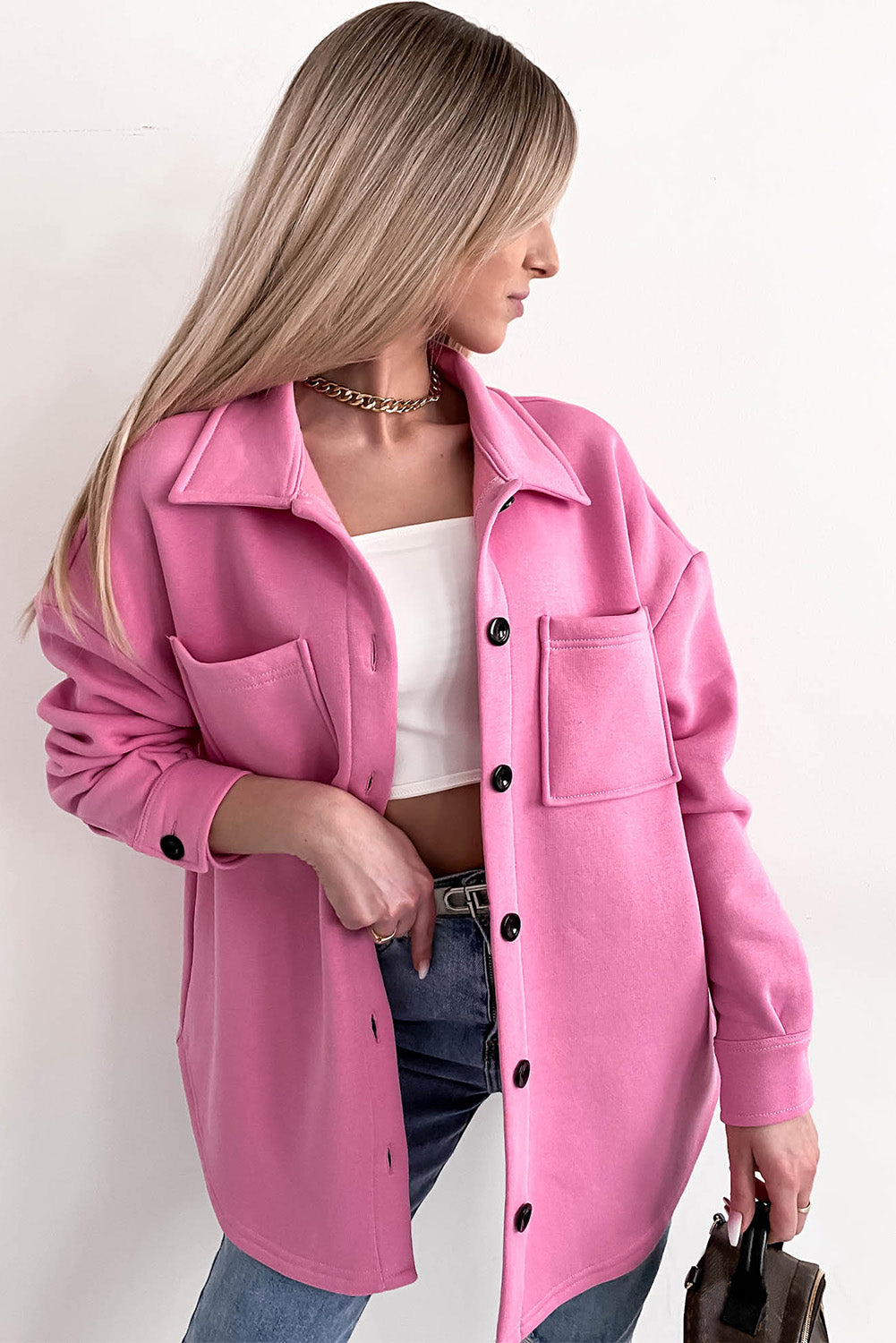 Solid Color Pocketed Button up Long Sleeve Shacket