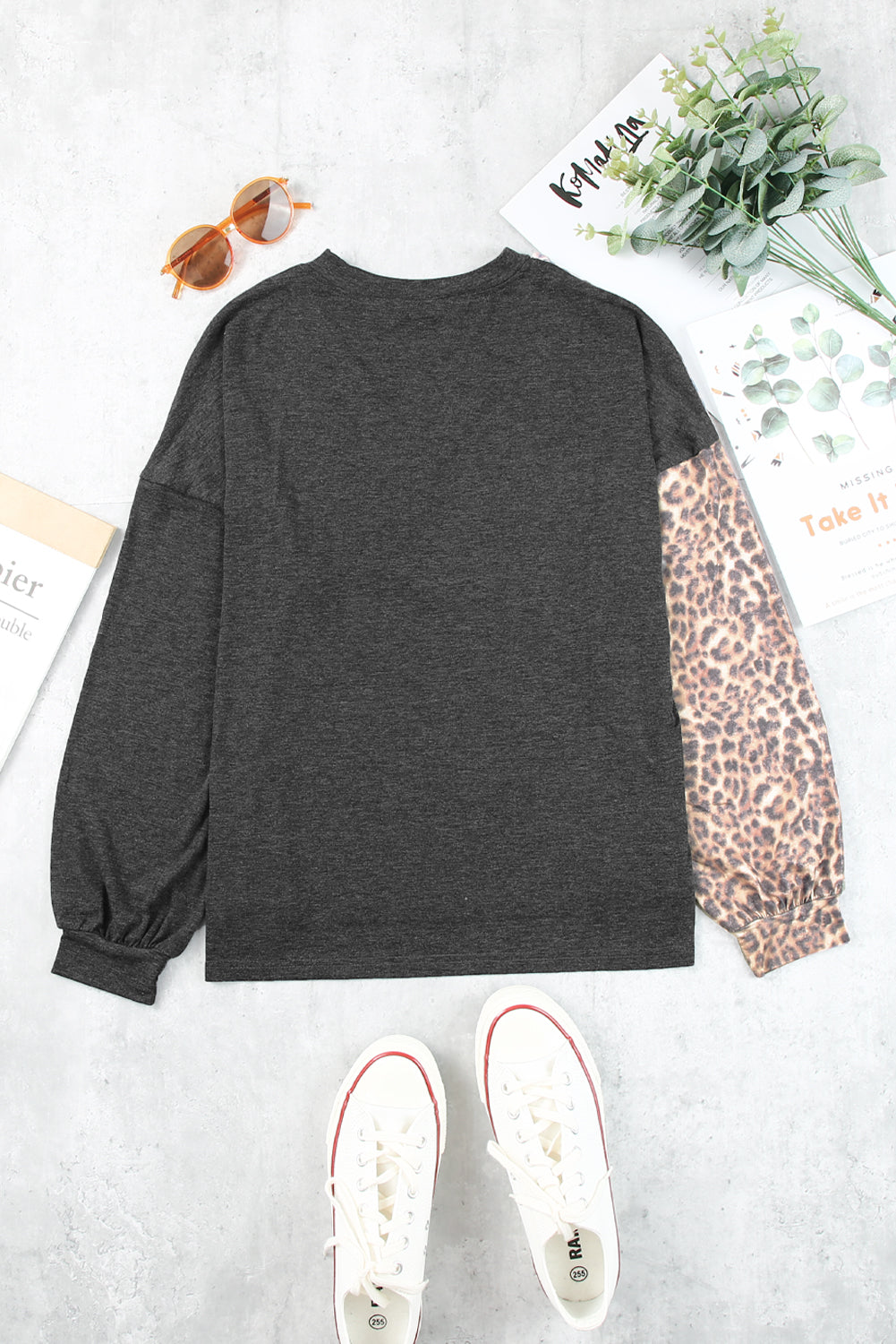 Half Leopard Keyhole Long Sleeve Top