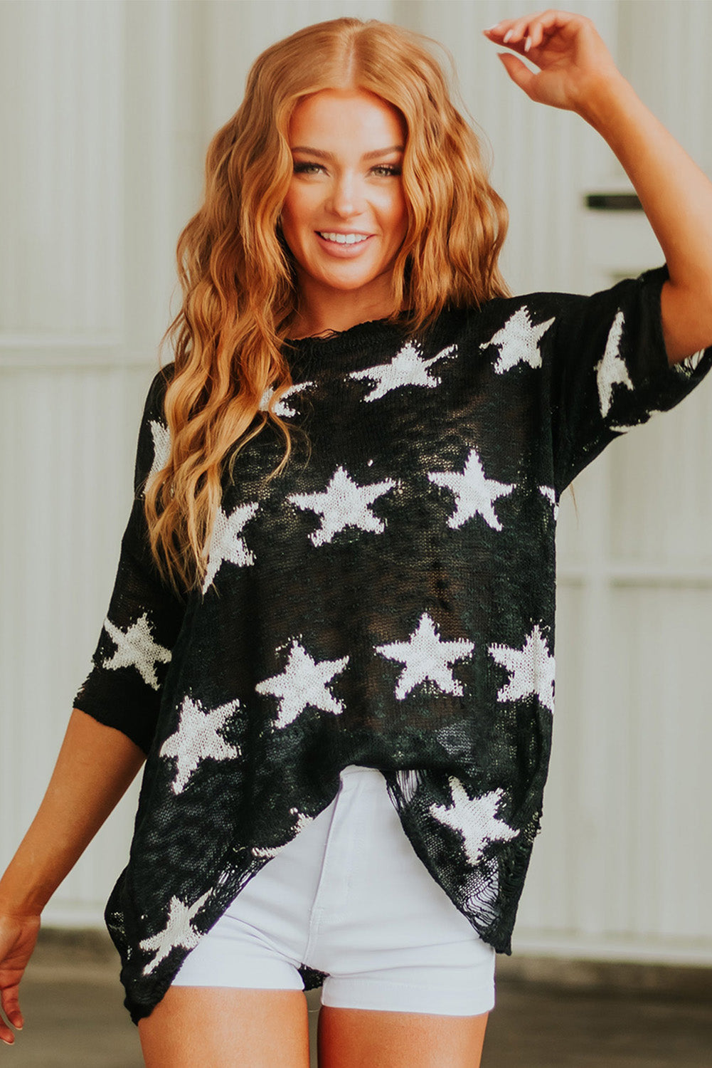 Black Star Print Half Sleeve Distressed Knit Top