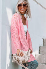 Pink Open Knit Long Sleeve Oversized Cardigan