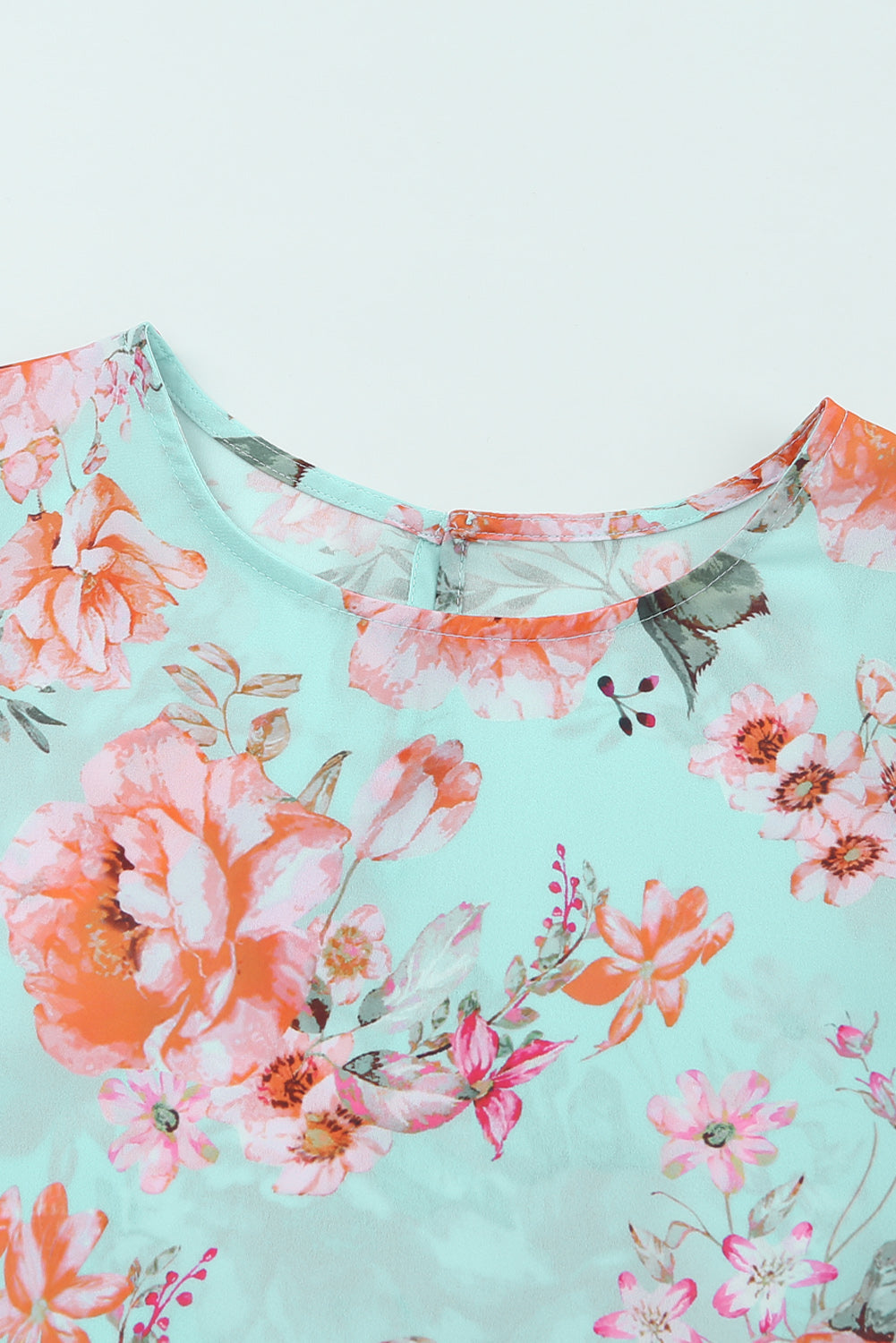 Sky Blue Floral Print Short Puff Sleeves Top