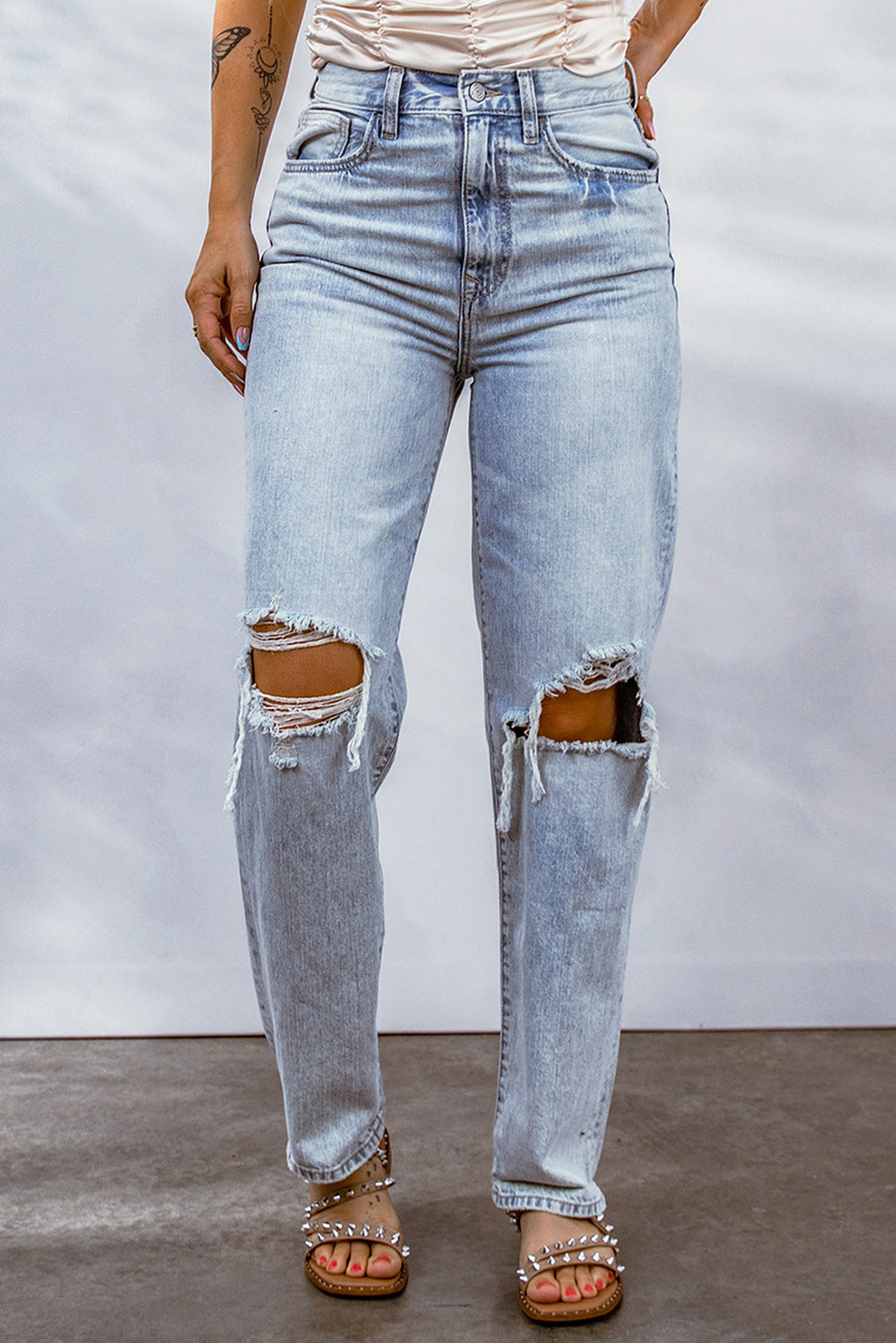 Sky Blue Hollow-out Knee Ripped Boyfriend Jeans