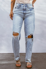 Sky Blue Hollow-out Knee Ripped Boyfriend Jeans