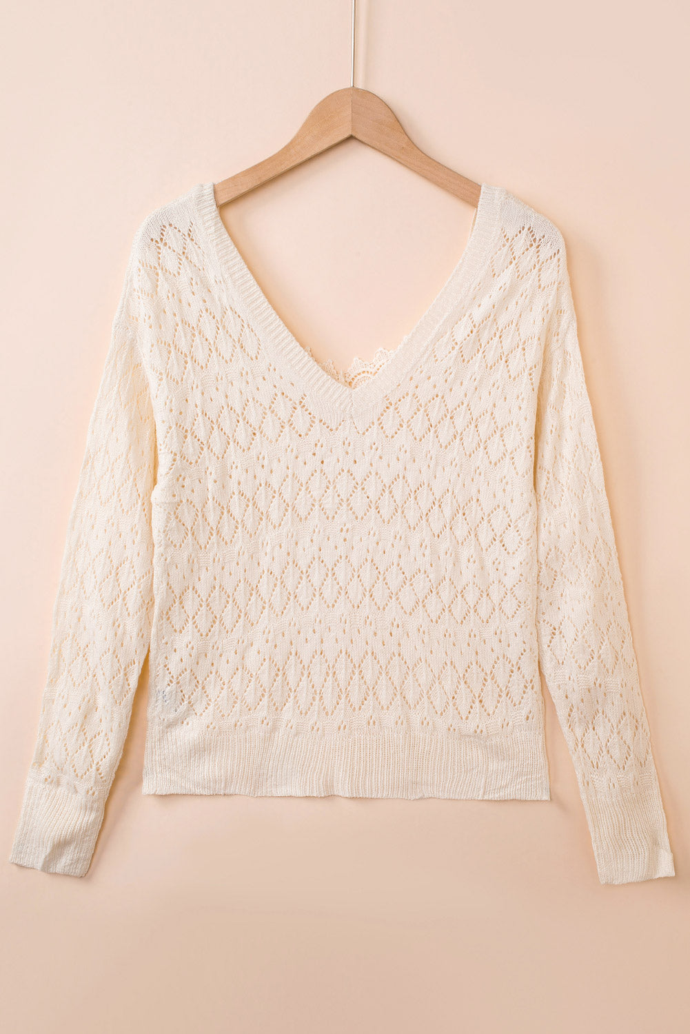 Beige Buttoned Lace Patchwork Hollow Knit Sweater