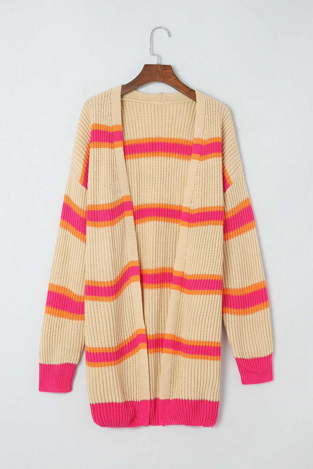 Medium Grey Stripe Printed Ribbed Long Knitted Cardigan